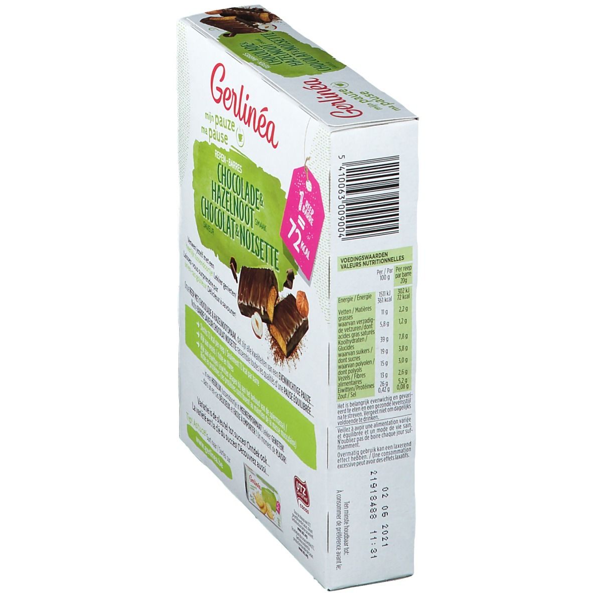 Vue latérale de l'emballage des barres Gerlinéa. Inscription : Chocolat & Noisette. 72 kcal. Code-barres et informations nutritionnelles.