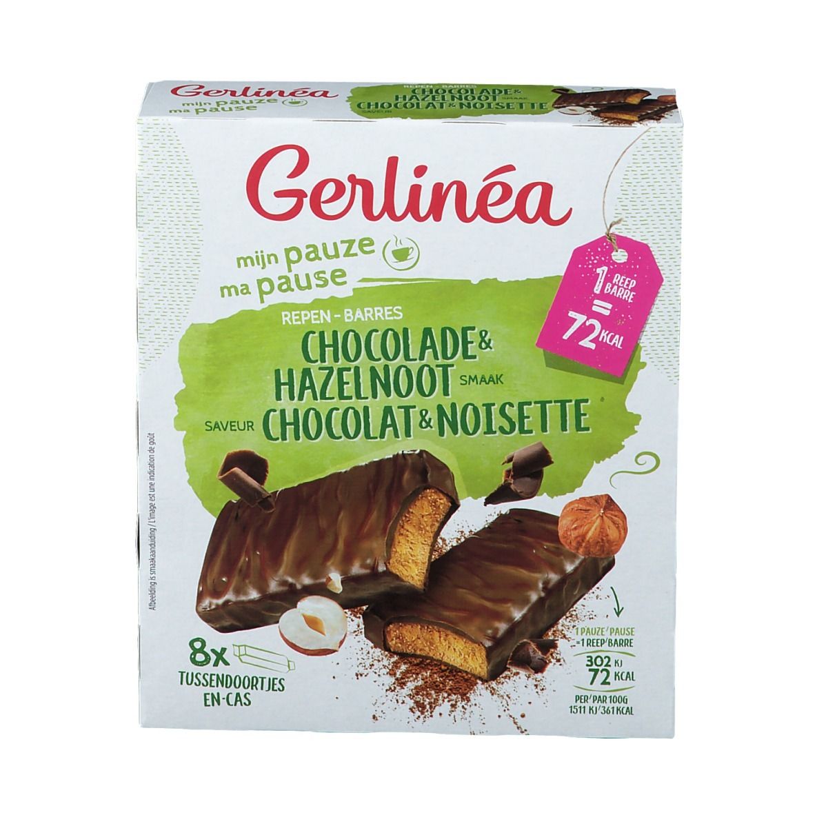 Emballage de barres Gerlinéa. Inscription : Chocolat & Noisette. 8 barres par boîte. 72 kcal par barre.