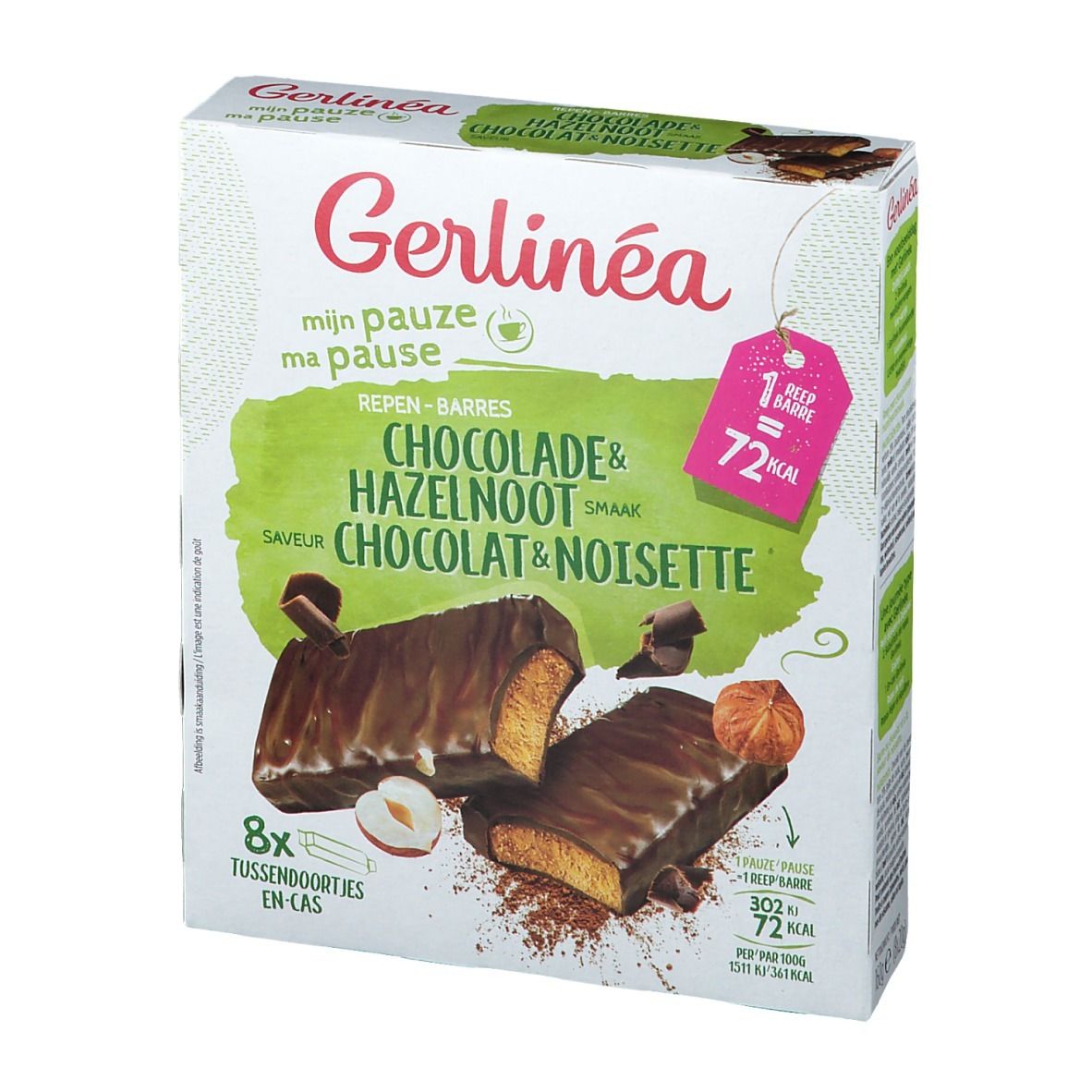 Emballage de barres Gerlinéa. Inscription : Chocolat & Noisette. 8 barres par boîte. 72 kcal par barre.