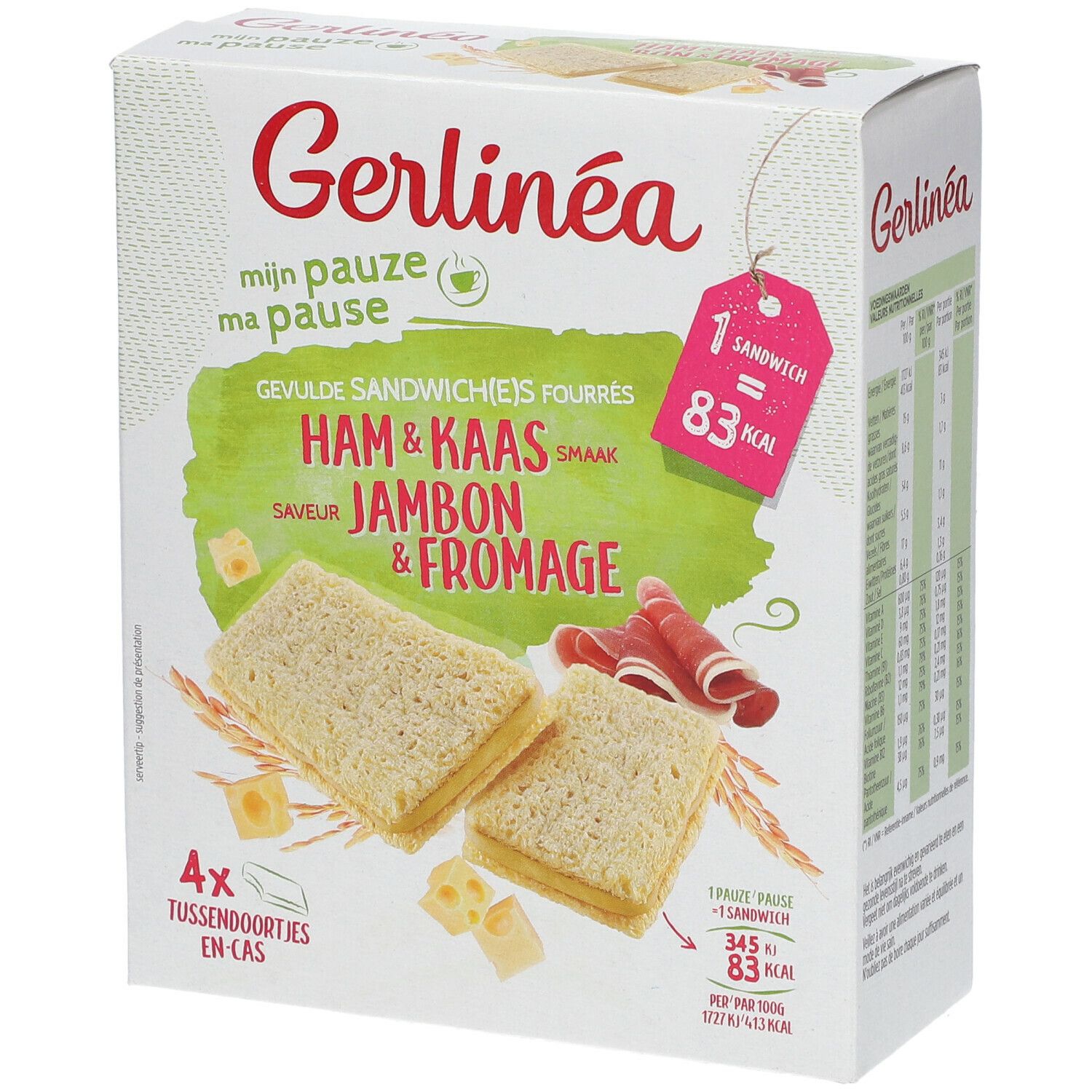Boîte de sandwichs Gerlinéa, saveur jambon & fromage. Contient 4 pièces. 1 sandwich: 83 kcal.