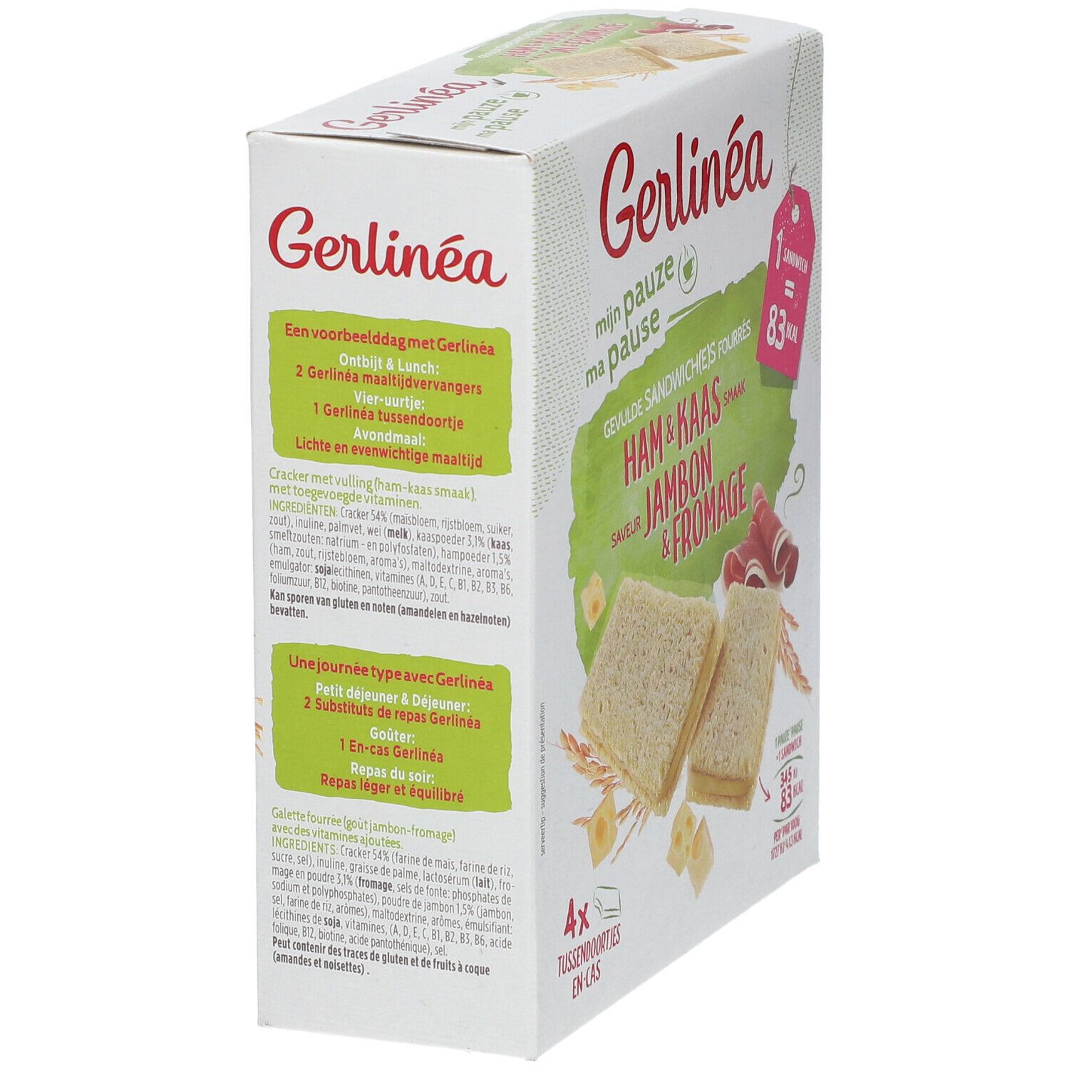 Boîte Gerlinéa, sandwichs jambon & fromage. Texte: 4 pièces, 1 sandwich = 83 kcal. Sur le côté: informations nutritionnelles.