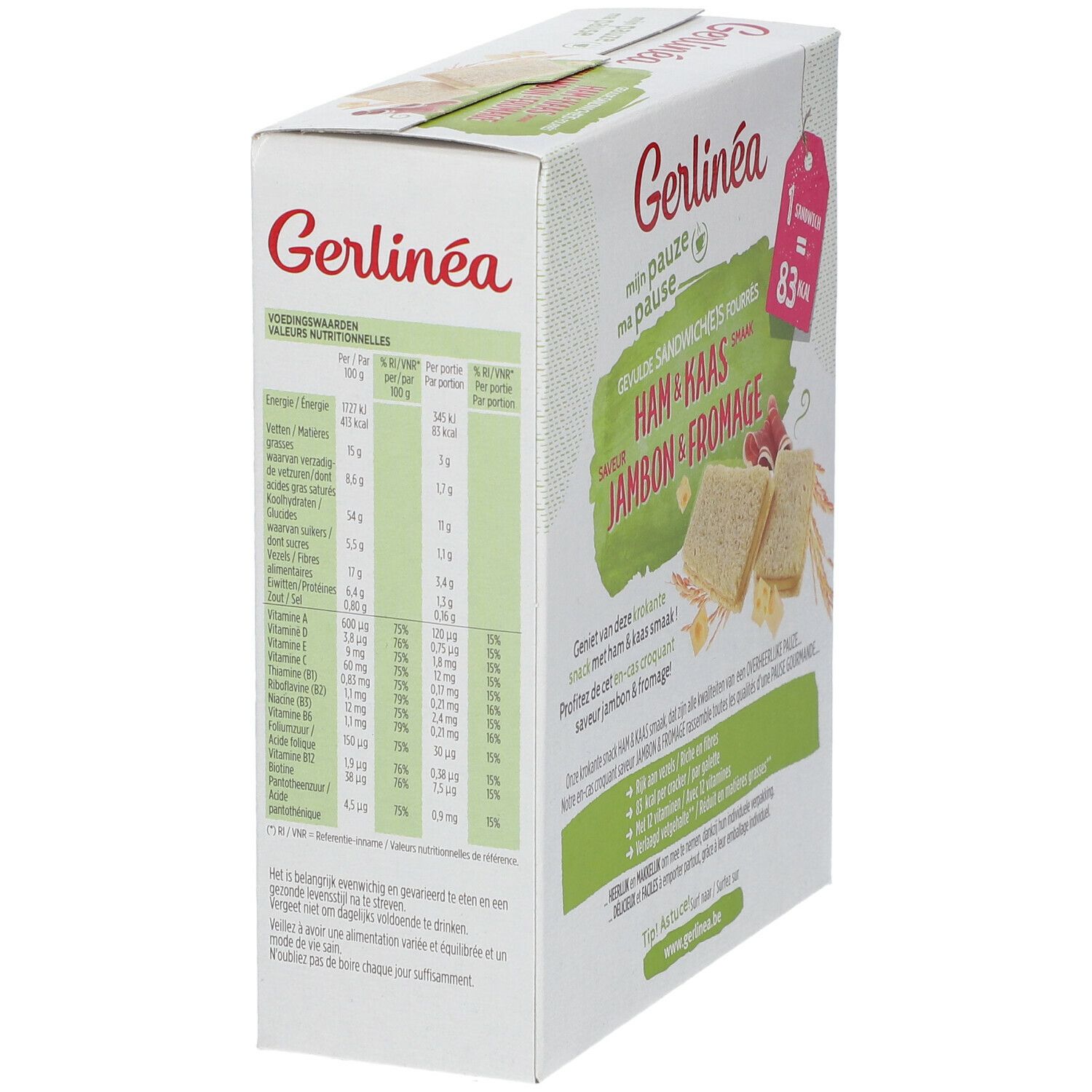 Boîte Gerlinéa, sandwichs jambon & fromage. Sur le côté: informations nutritionnelles. Texte: 4 pièces, 1 sandwich = 83 kcal.