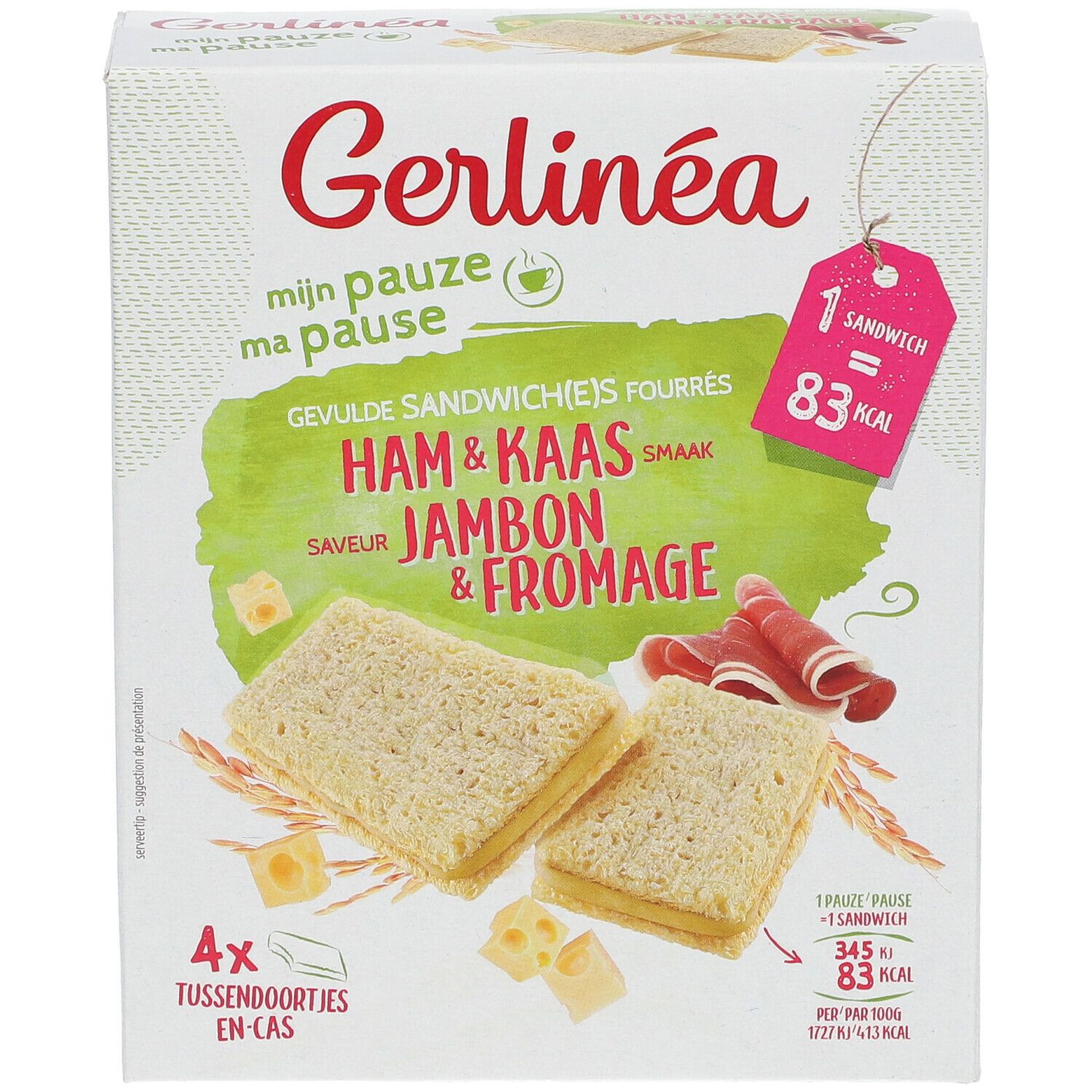 Boîte de sandwichs Gerlinéa, saveur jambon & fromage. Contient 4 pièces. 1 sandwich: 83 kcal.