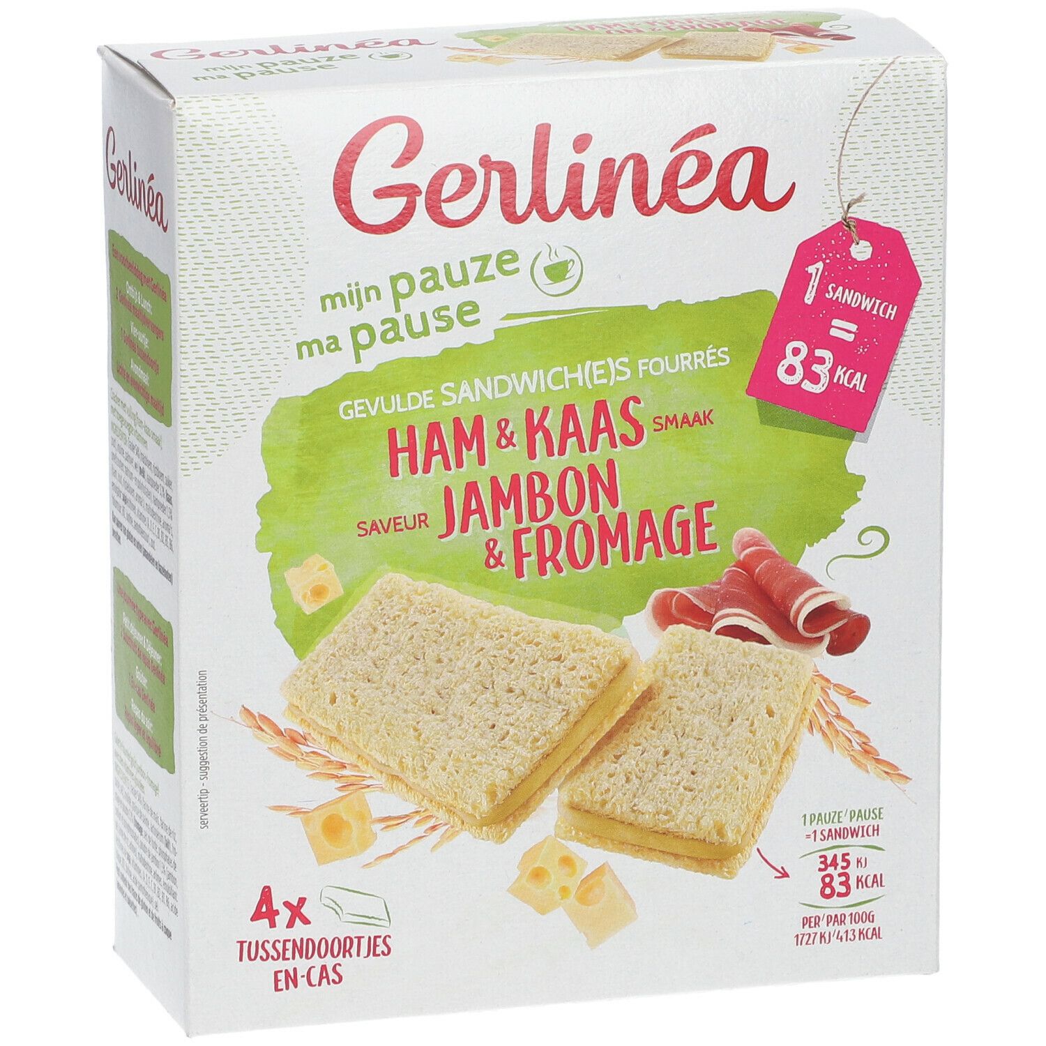 Boîte de sandwichs Gerlinéa, saveur jambon & fromage. Contient 4 pièces. 1 sandwich: 83 kcal.