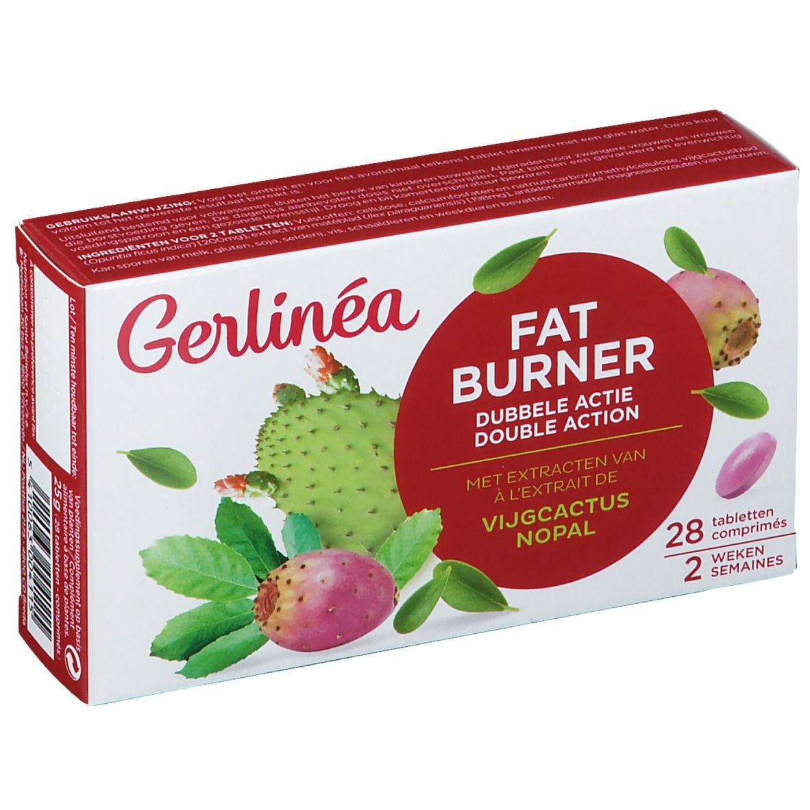 Boîte avec inscriptions. Cercle rouge avec texte: FAT BURNER DOUBLE ACTION. 28 comprimés. Illustration de figues de barbarie.