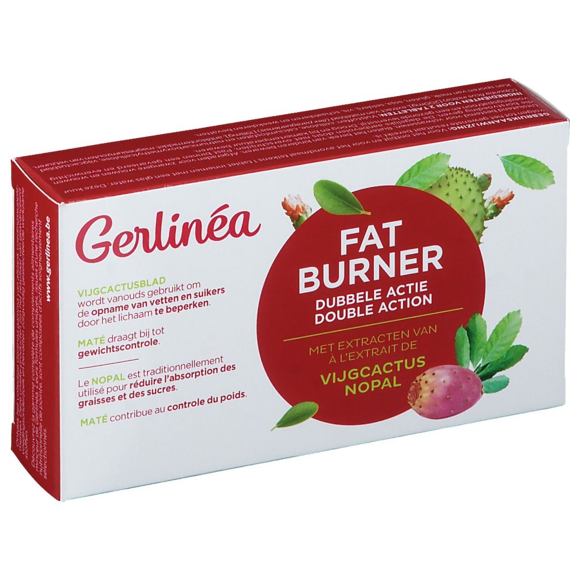 Boîte avec inscriptions. Cercle rouge avec texte: FAT BURNER DOUBLE ACTION. Illustration de figues de barbarie. Texte en néerlandais.