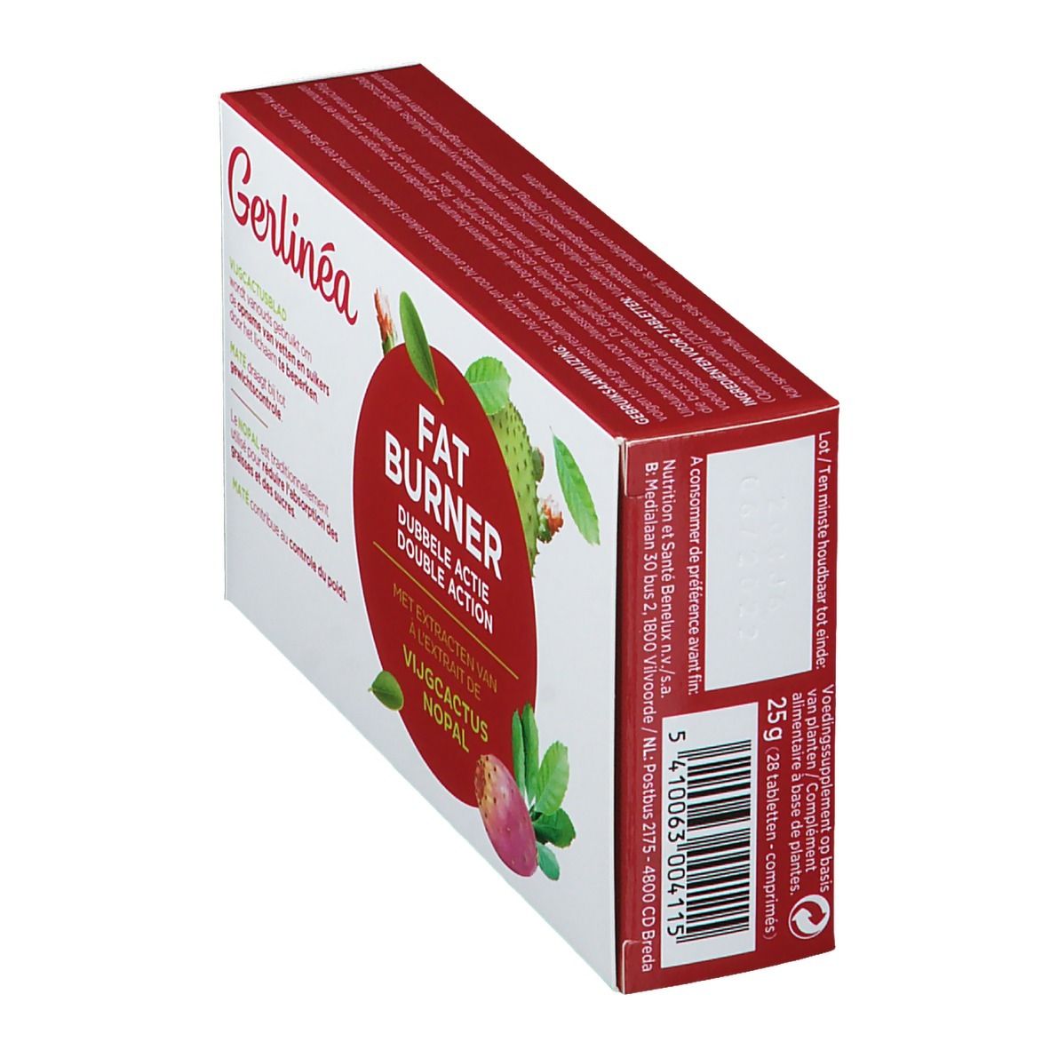 Boîte en biais avec inscriptions. Cercle rouge avec texte: FAT BURNER DOUBLE ACTION. Texte en néerlandais.