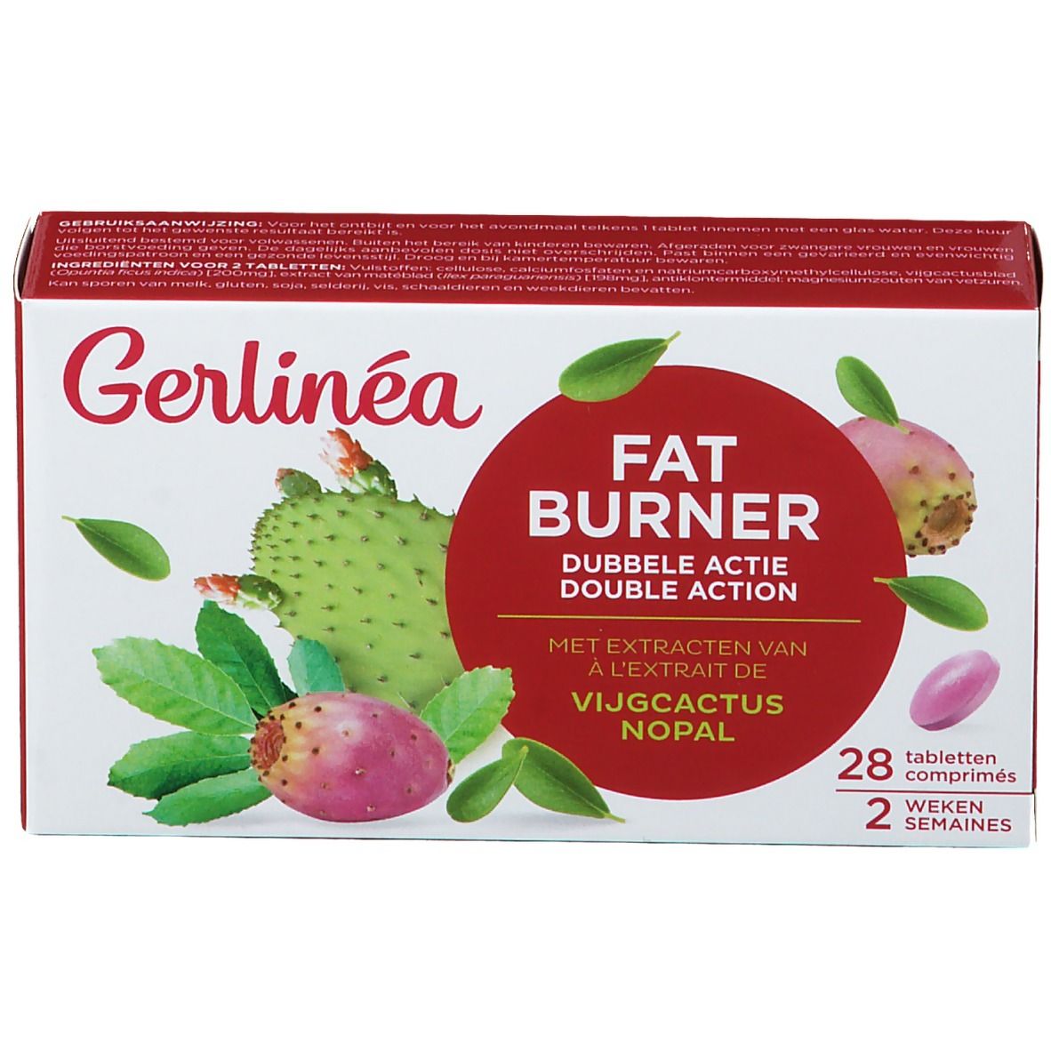 Boîte avec inscriptions. Cercle rouge avec texte: FAT BURNER DOUBLE ACTION. 28 comprimés. Illustration de figues de barbarie.