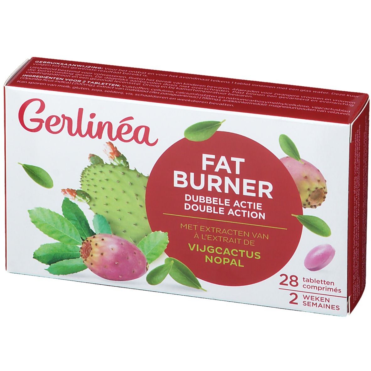Boîte avec inscriptions. Cercle rouge avec texte: FAT BURNER DOUBLE ACTION. 28 comprimés. Illustration de figues de barbarie.