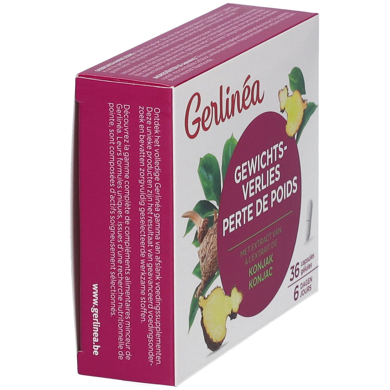 Schrägansicht der Gerlinéa Gewichtsverlust Konjak Verpackung. Text: Gewichtsverlies, Konjak-Extrakt, 36 Kapseln, 6 Tage.
