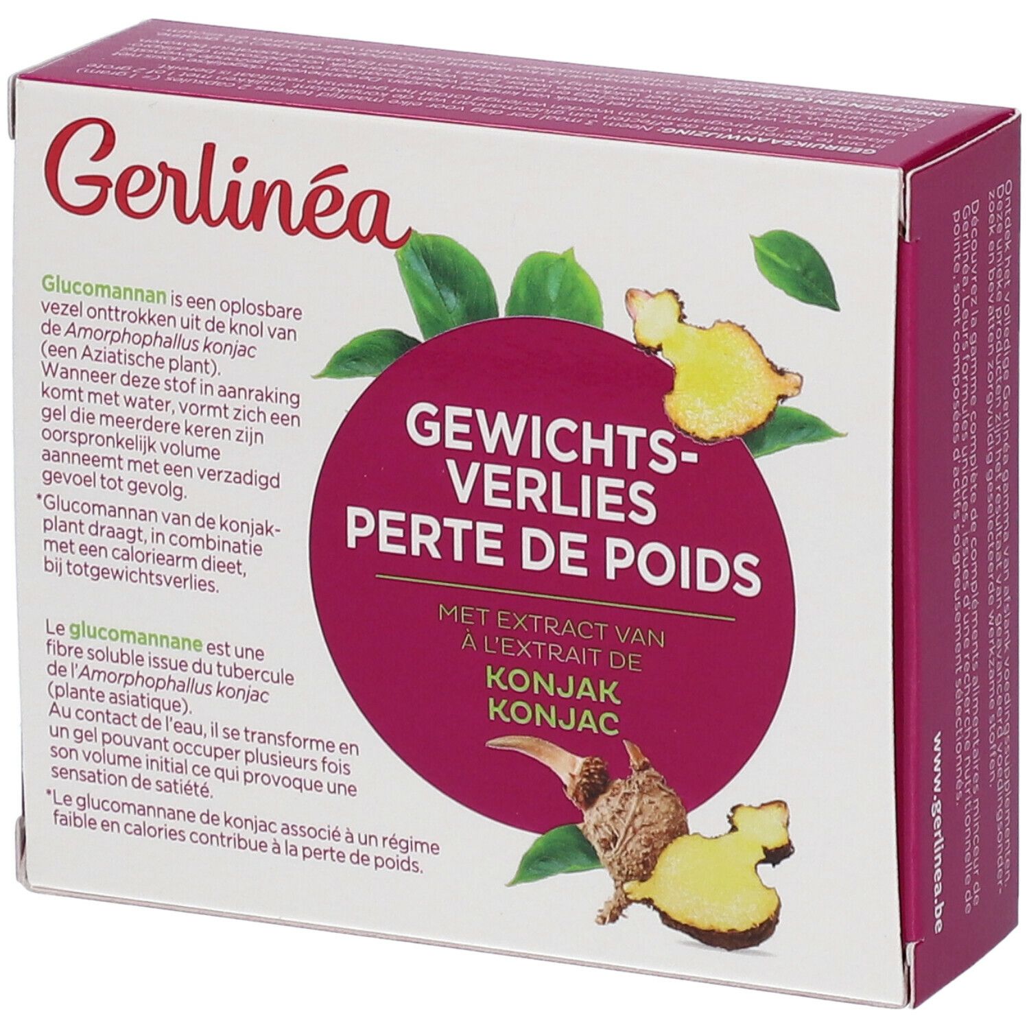 Gerlinéa Gewichtsverlust Konjak Verpackung. Text mit Konjak-Extrakt. 36 Kapseln, 6 Tage. Hintergrundtext in Niederländisch und Französisch.