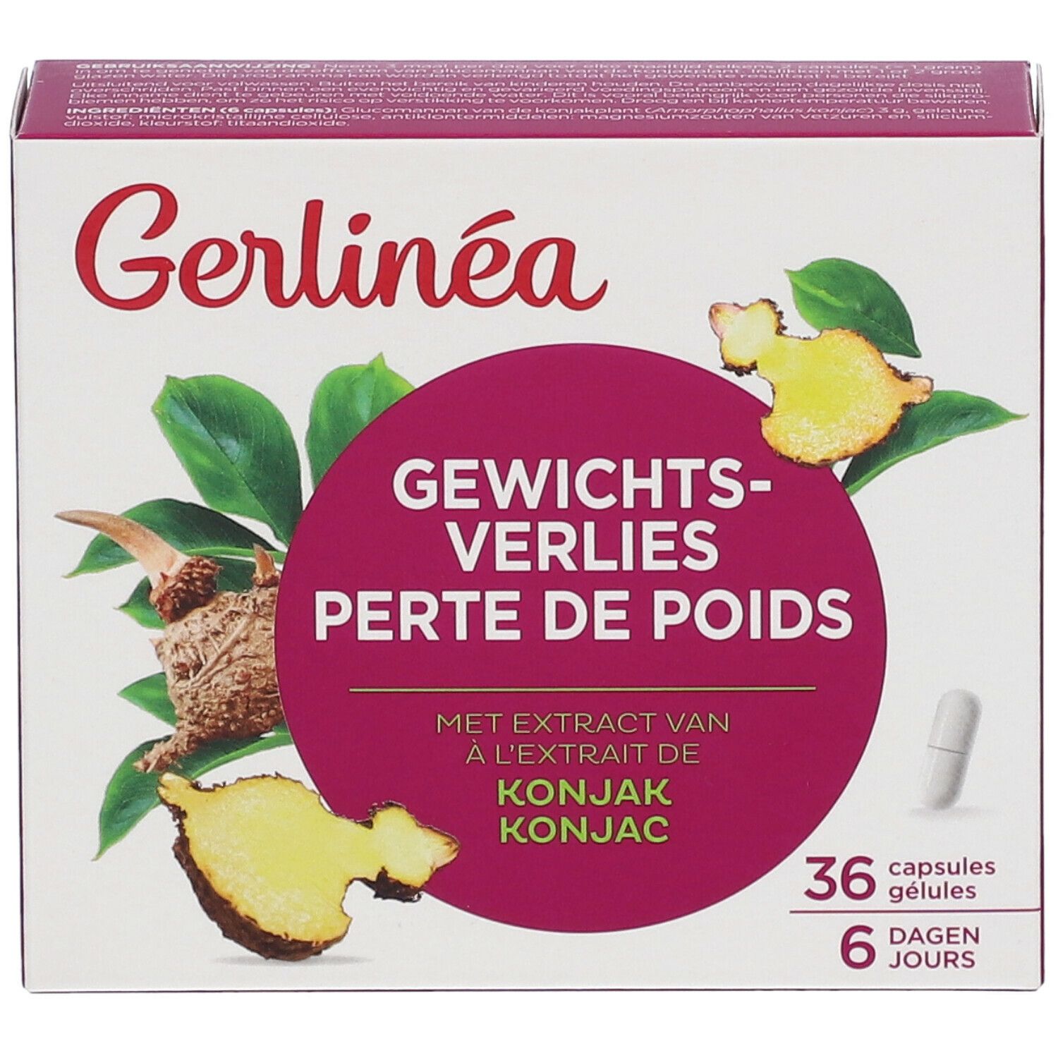Gerlinéa Gewichtsverlust Konjak Verpackung. 36 Kapseln, 6 Tage. Text mit Konjak-Extrakt. Abbildung von Konjak-Pflanze und Kapsel.