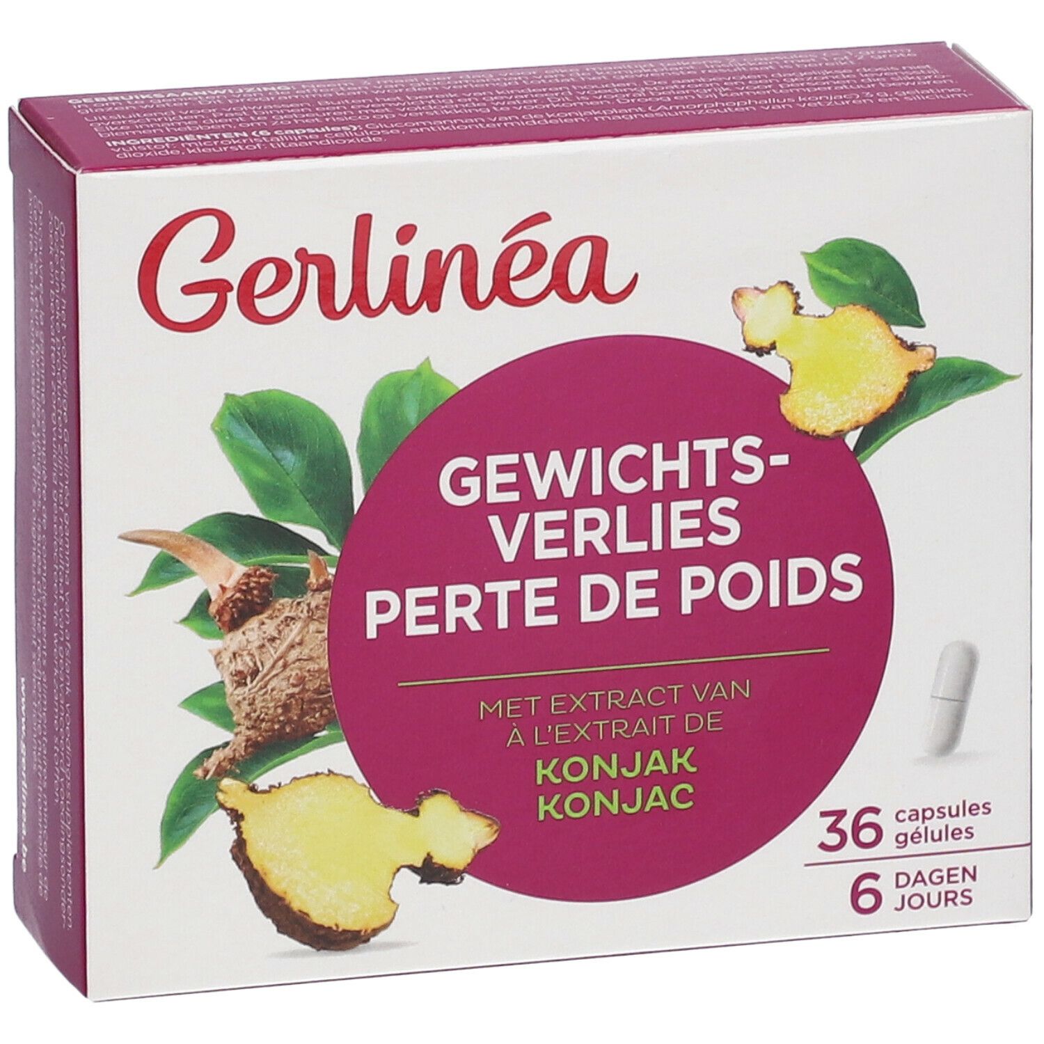 Gerlinéa Gewichtsverlust Konjak Verpackung. 36 Kapseln, 6 Tage. Text mit Konjak-Extrakt. Abbildung von Konjak-Pflanze und Kapsel.