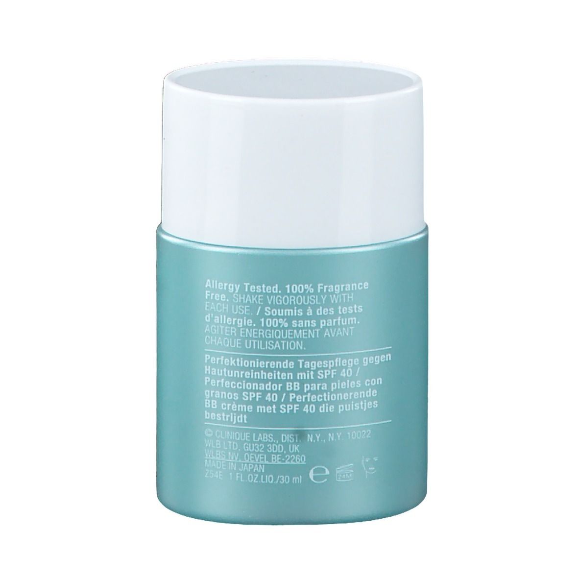 Rückseite der Tube. Text: Allergy Tested, 100% Fragrance Free. Perfektionierende Tagespflege. 30 ml.