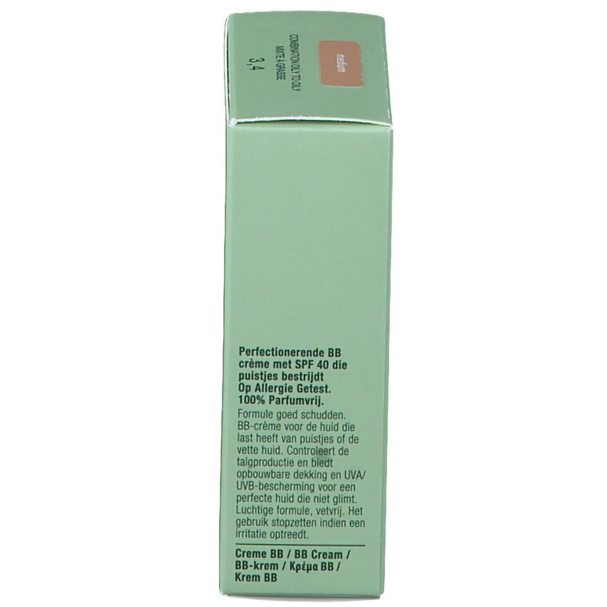 Seite der grünen Schachtel. Text: Perfektionierende BB Creme mit SPF 40. Auf Allergie getestet. 100% parfümfrei.