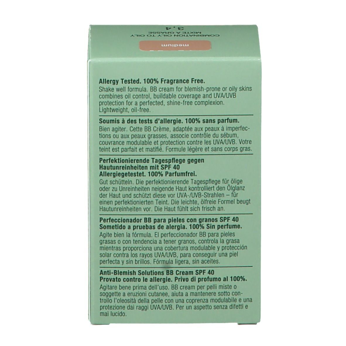Seite der grünen Schachtel. Text: Allergy Tested. BB Cream für unreine oder ölige Haut. SPF 40.