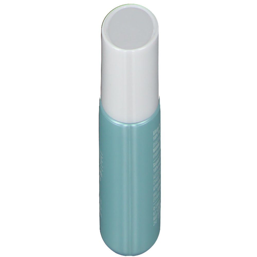 Vue de dessus d'un tube turquoise avec bouchon blanc. Nom du produit illisible.