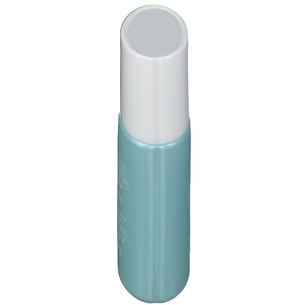 Vue de dessus d'un tube turquoise avec bouchon blanc. Nom du produit illisible.