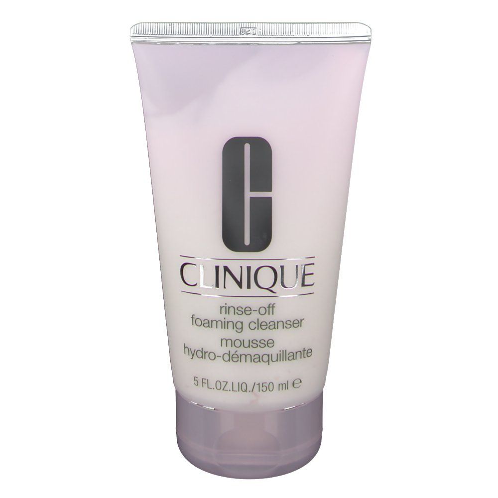 Wit-roze tube met zilveren dop. Opschrift: CLINIQUE, rinse-off foaming cleanser, mousse hydro-démaquillante.