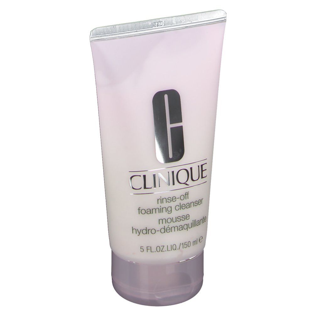 Wit-roze tube met zilveren dop. Opschrift: CLINIQUE, rinse-off foaming cleanser, mousse hydro-démaquillante.