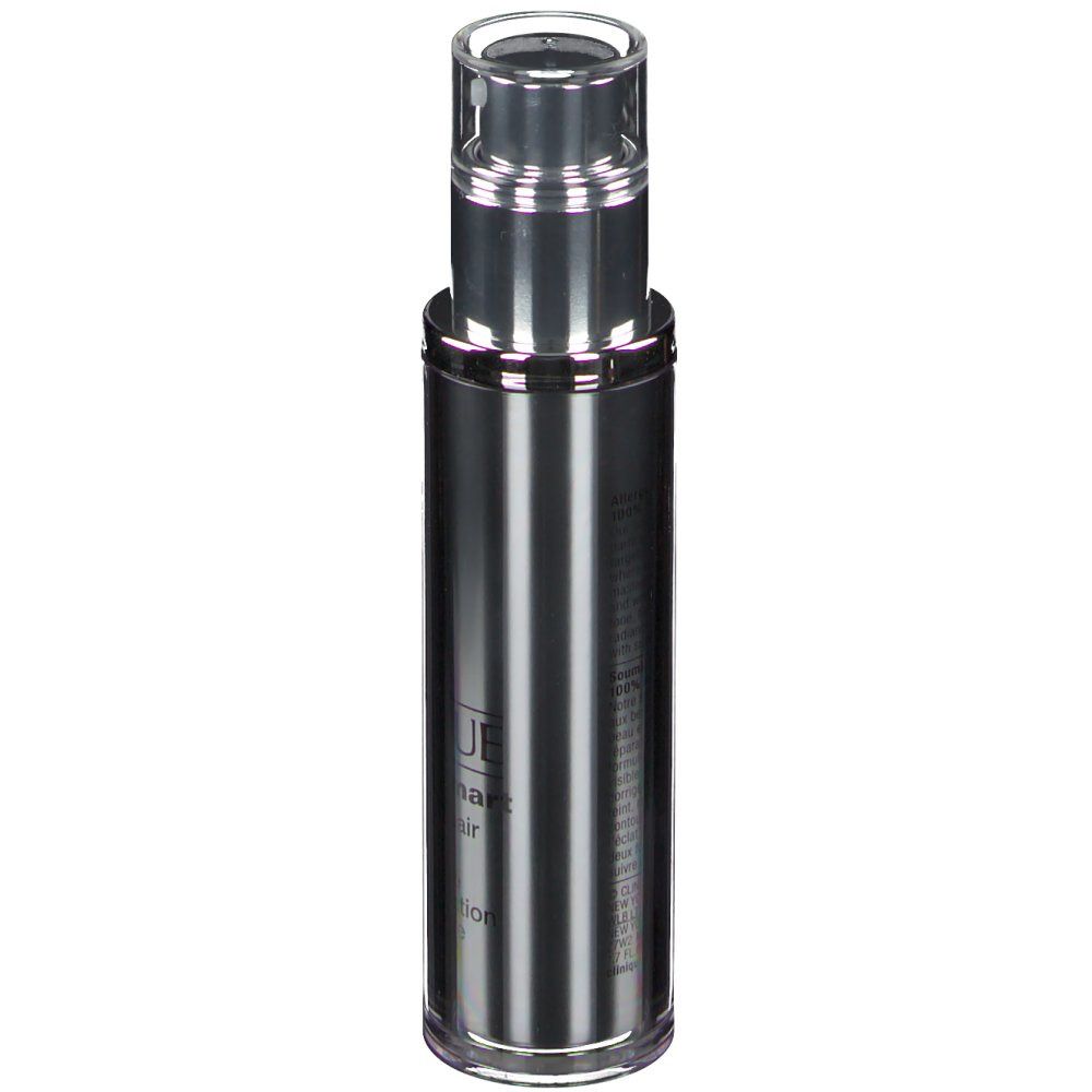 Flacon cylindrique argenté avec bouchon transparent et pompe. Inscriptions sur le flacon.
