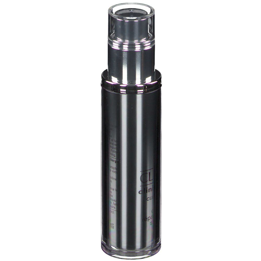 Flacon cylindrique argenté avec bouchon transparent et pompe. Inscription CLINIQUE.