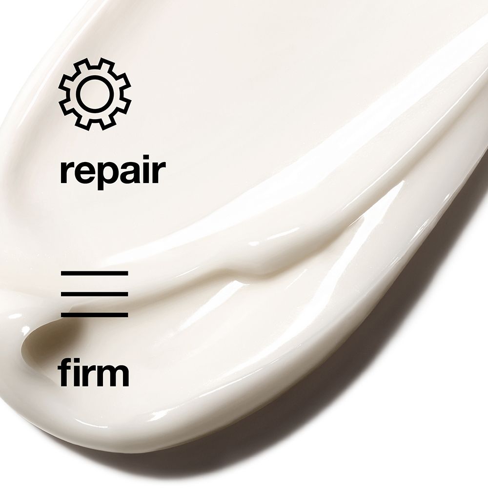 Wit crème-monster met de woorden 'repair' en 'firm'.