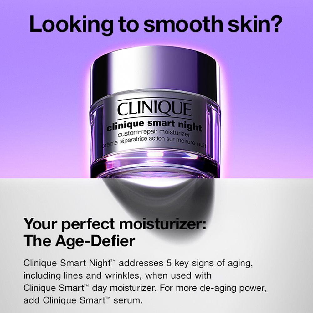 Crèmepot met zilveren deksel. Tekst: CLINIQUE smart night custom-repair moisturizer.