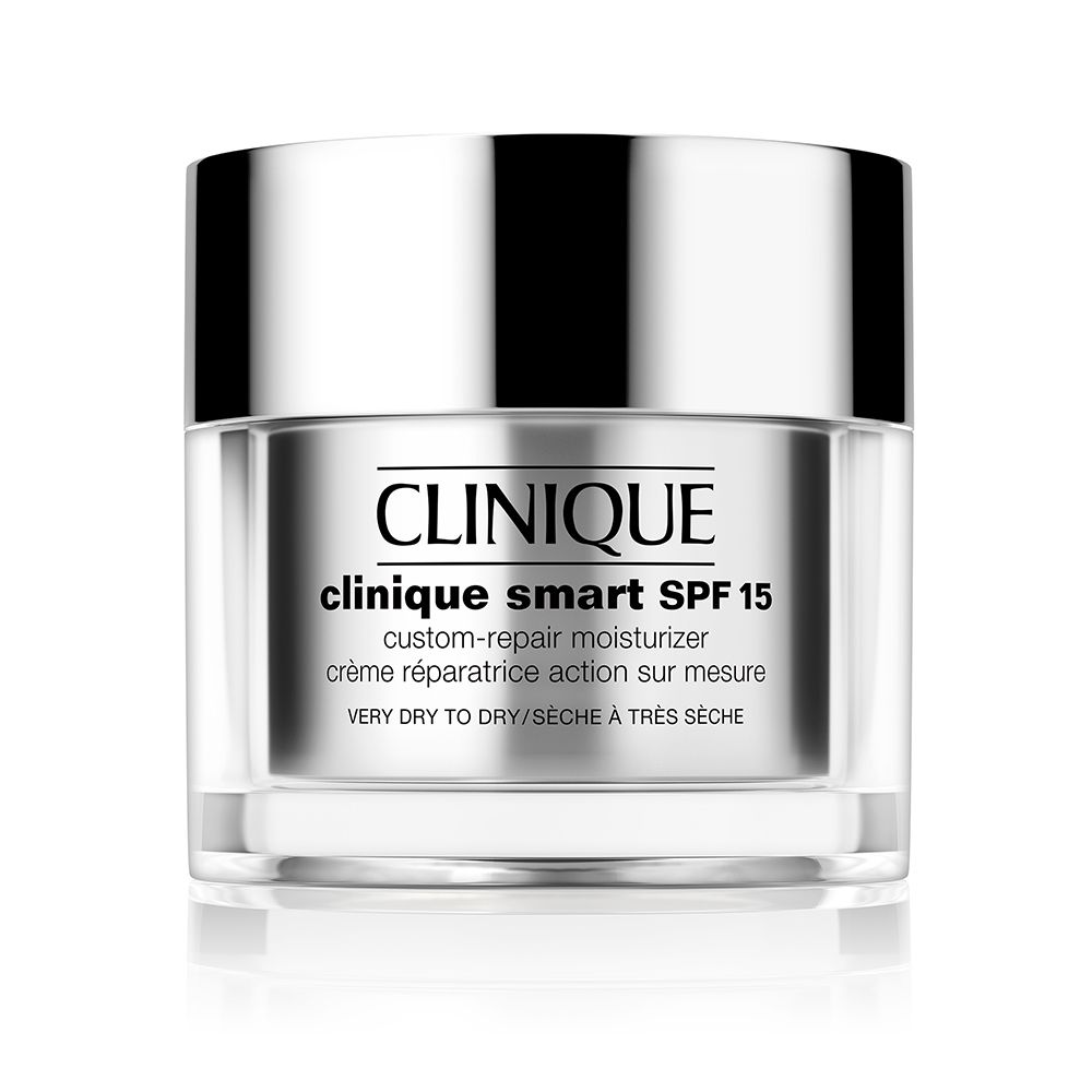 Cremebehälter mit Deckel. Aufschrift: CLINIQUE smart SPF 15 Custom-Repair Moisturizer. Für sehr trockene Haut.