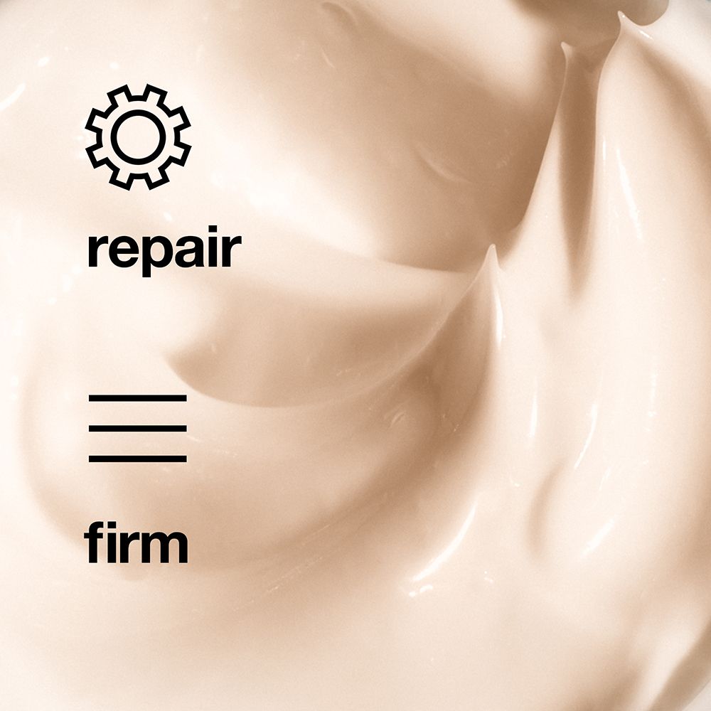 Nahaufnahme von Creme mit Text: repair, firm. Zahnrad- und Strich-Symbole.
