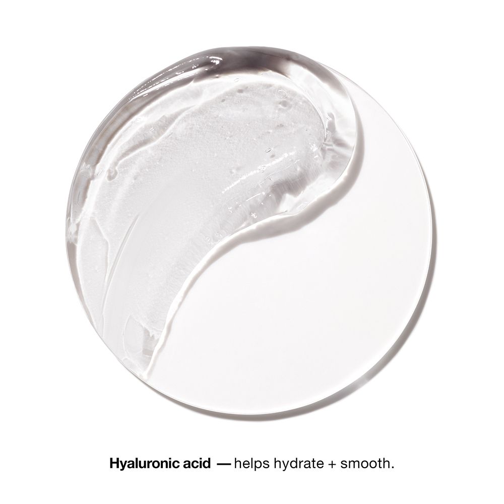 Runder Klecks einer transparenten Substanz. Text: Hyaluronic acid - helps hydrate + smooth.