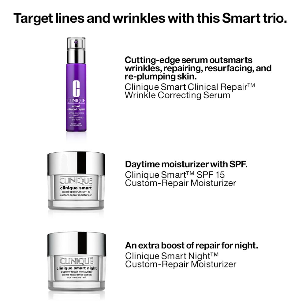 Trois produits : sérum, crème de jour, crème de nuit. Texte : CLINIQUE Smart Clinical Repair, Smart SPF 15, Smart Night.