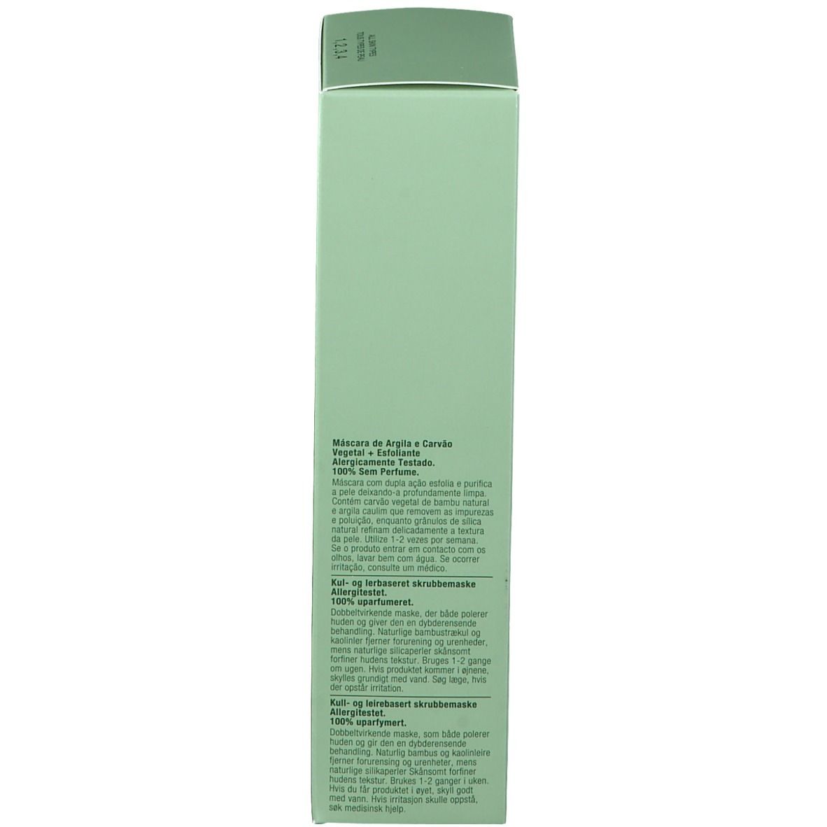 Grüne Schachtel mit Text. Produktname: City Block Purifying Charcoal Clay Mask + Scrub. Marke: CLINIQUE.
