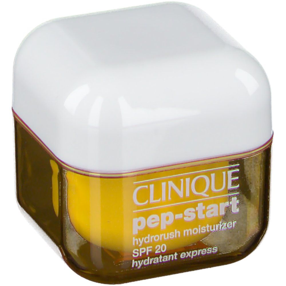Quadratischer Tiegel mit weißem Deckel und gelbem Inhalt. Aufschrift: CLINIQUE pep-start hydroblur moisturizer SPF 20.