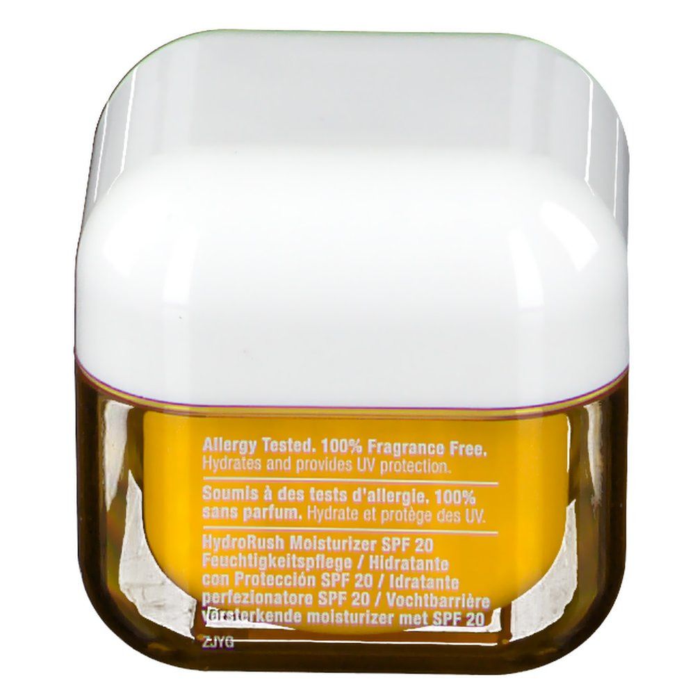 Cremebehälter, Rückseite. Text: Allergy Tested, 100% Fragrance Free. Hydrates and provides UV protection. HydroRush moisturizer SPF 20.