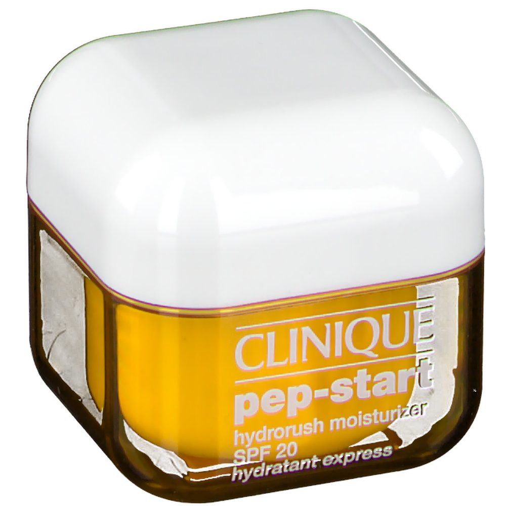 Cremebehälter mit weißem Deckel und gelbem Inhalt. Aufschrift: CLINIQUE pep-start hydroblur moisturizer SPF 20. Eckansicht.