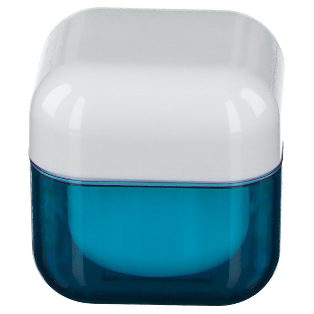 Blau-weißer Tiegel. Quadratische Form mit abgerundeten Ecken. Deckel weiß, Behälter blau.