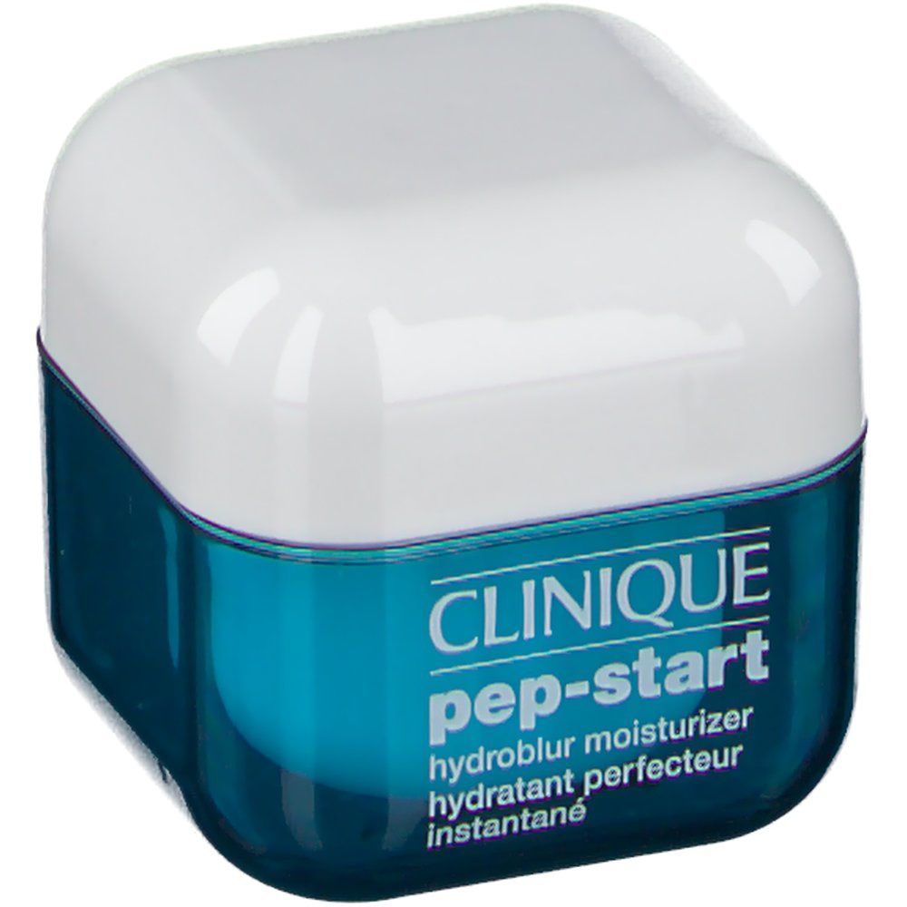 Blau-weißer Tiegel. Aufschrift: CLINIQUE pep-start hydroblur moisturizer hydratant perfecteur instantané.