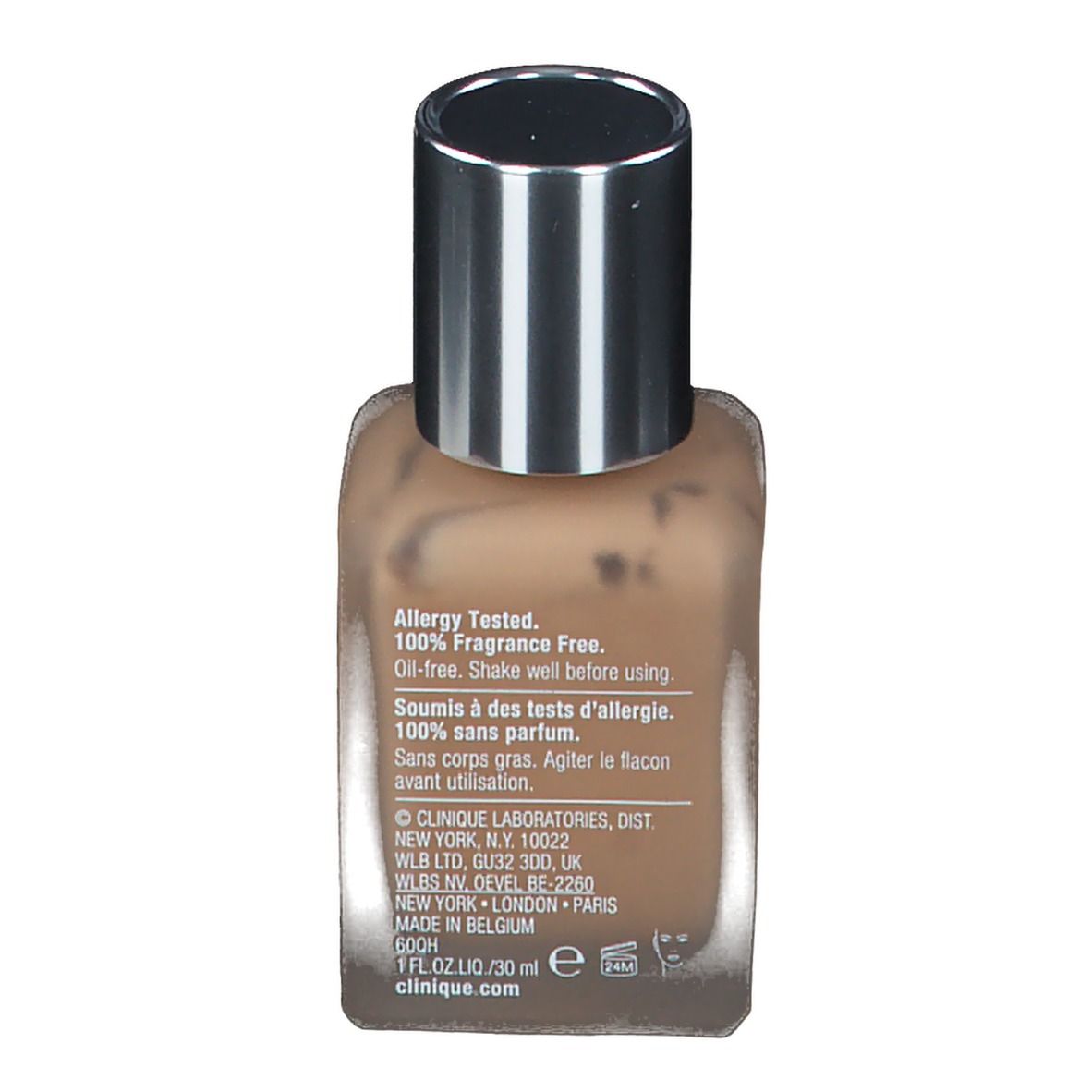 Rückseite des Flakons CLINIQUE Superbalanced Makeup. Text: Allergy Tested, 100% Fragrance Free.