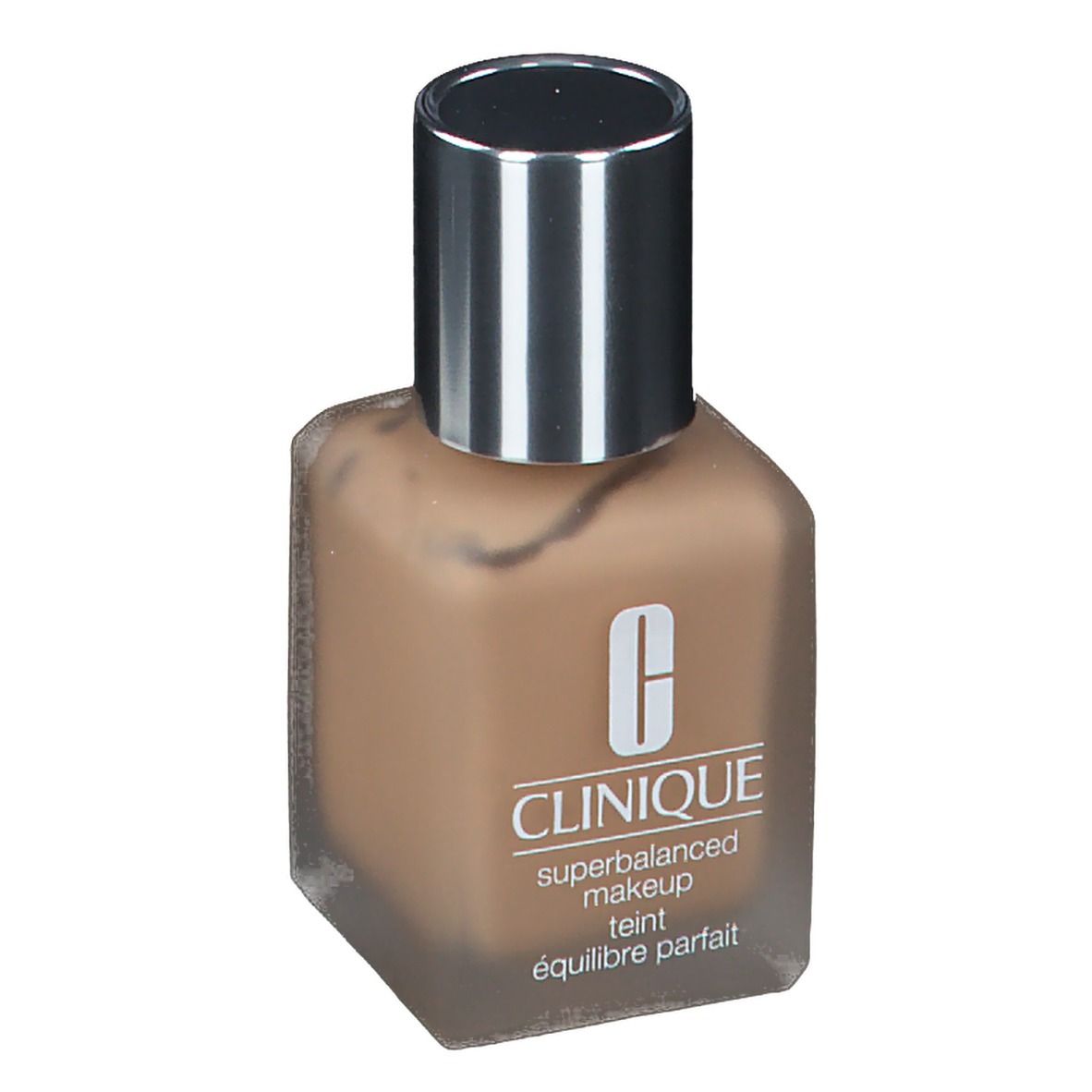 Flakon CLINIQUE Superbalanced Makeup, quadratisch, braune Flüssigkeit, silberner Deckel.
