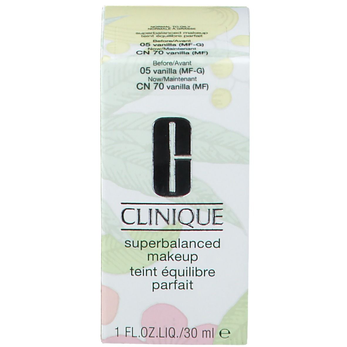 Verpackung CLINIQUE Superbalanced Makeup. Text: 05 vanilla (MF-G), 1 FL.OZ.LIQ./30 ml e.