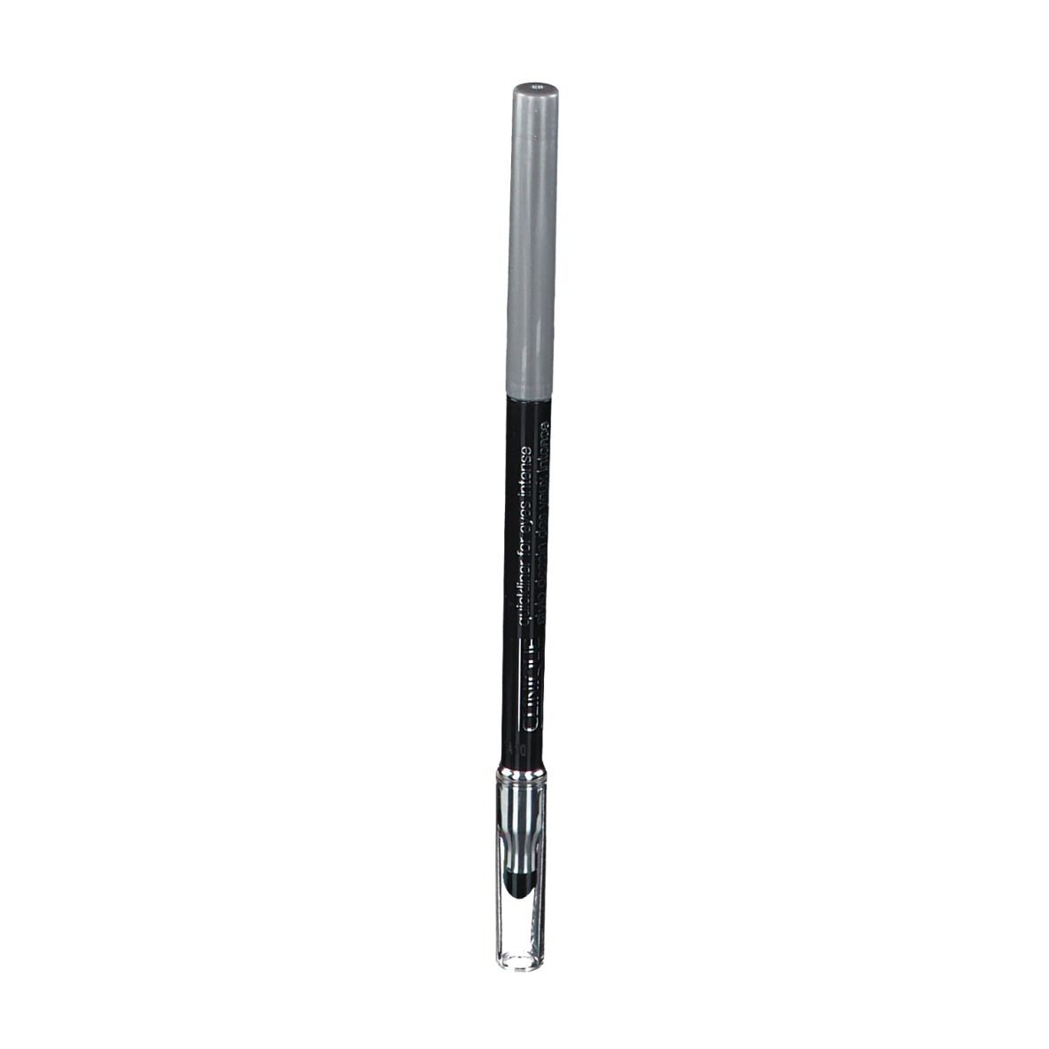 Schwarzer Eyeliner-Stift mit silberner Kappe und transparentem Ende. Aufschrift auf dem Stift.