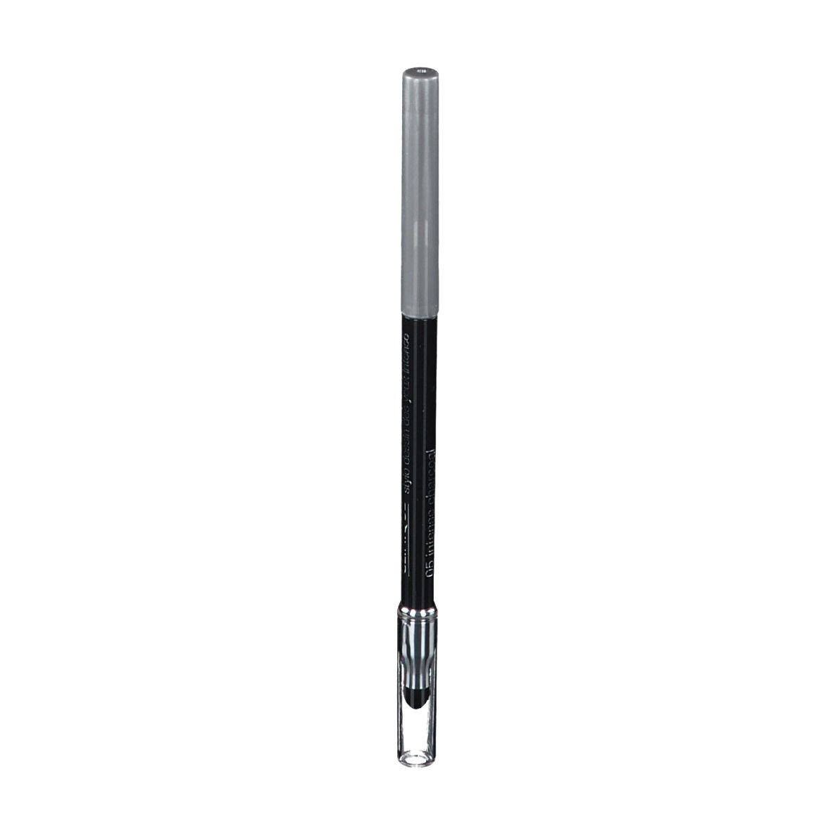 Schwarzer Eyeliner-Stift mit silberner Kappe und transparentem Ende. Aufschrift auf dem Stift.