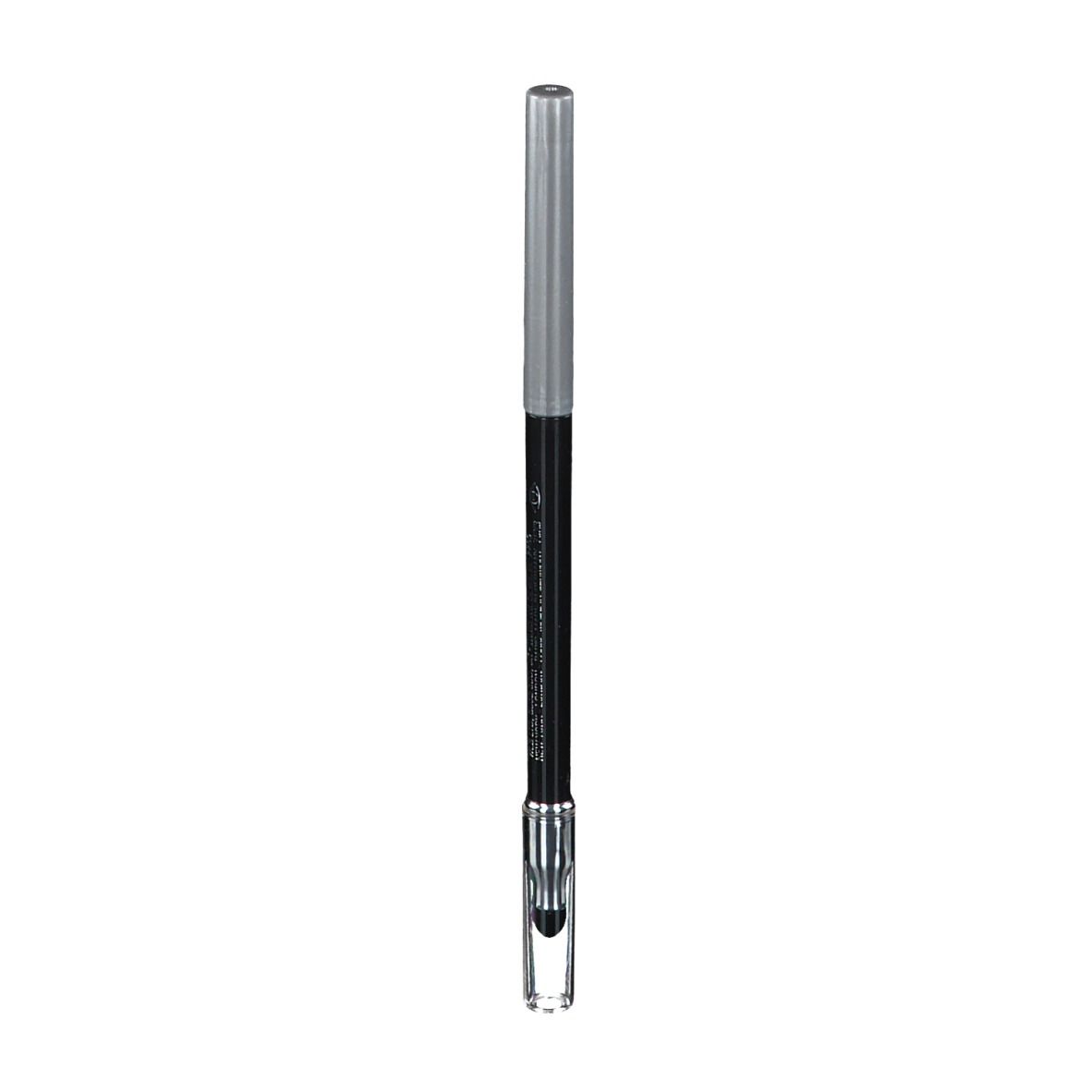 Schwarzer Eyeliner-Stift mit silberner Kappe und transparentem Ende. Aufschrift auf dem Stift.