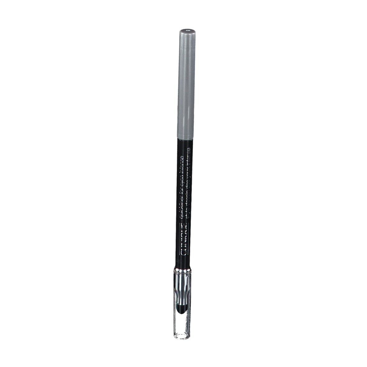 Schwarzer Eyeliner-Stift mit silberner Kappe und transparentem Ende. Aufschrift auf dem Stift.