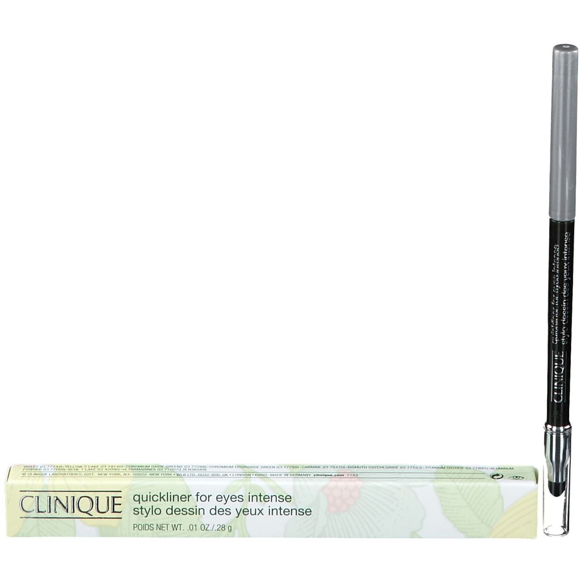 Schwarzer Eyeliner-Stift und Verpackung. Der Stift hat eine silberne Kappe. Die Verpackung ist hellgrün mit Schriftzug.
