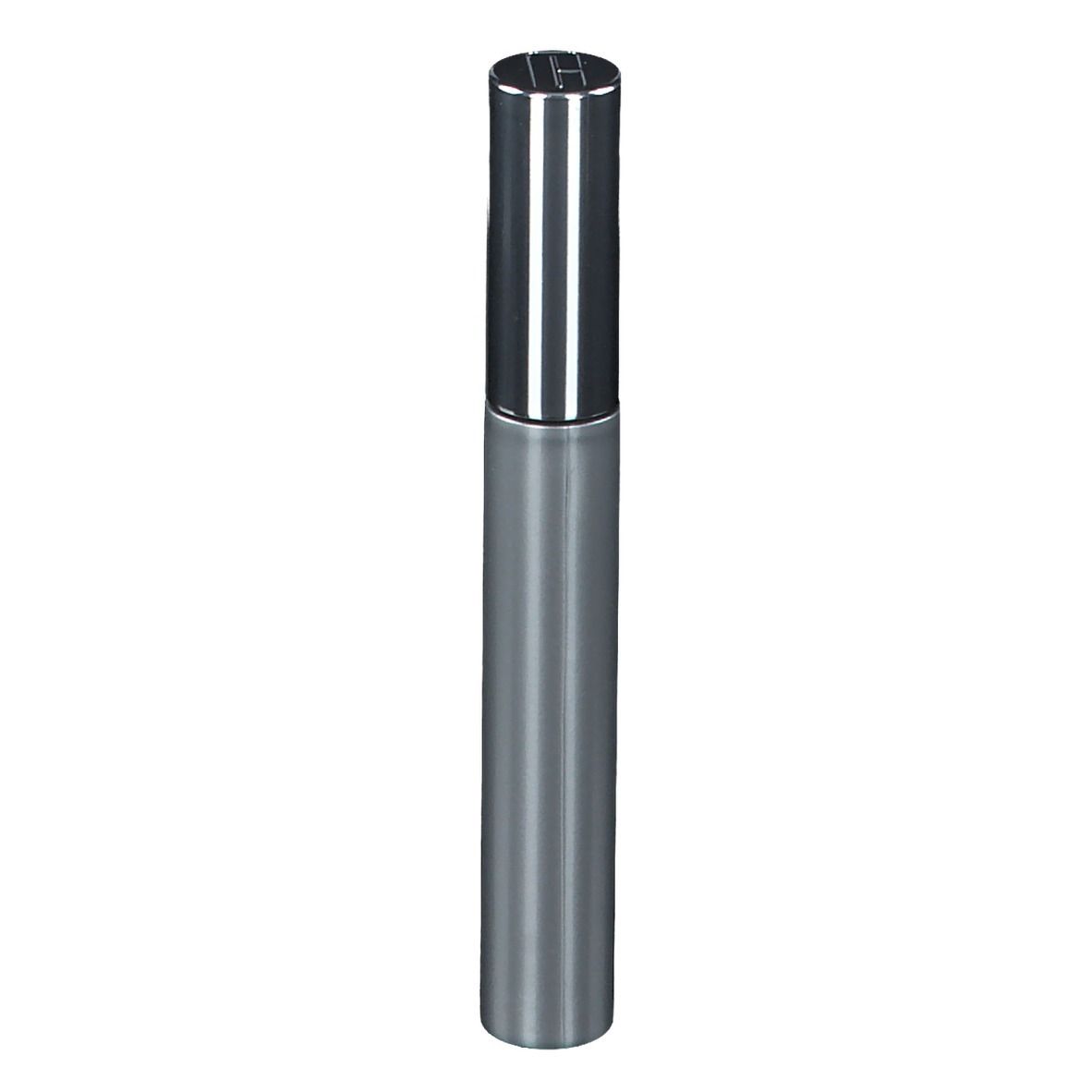 Zylindrische Mascarabürste mit silberfarbenem Deckel. Der Körper ist grau.