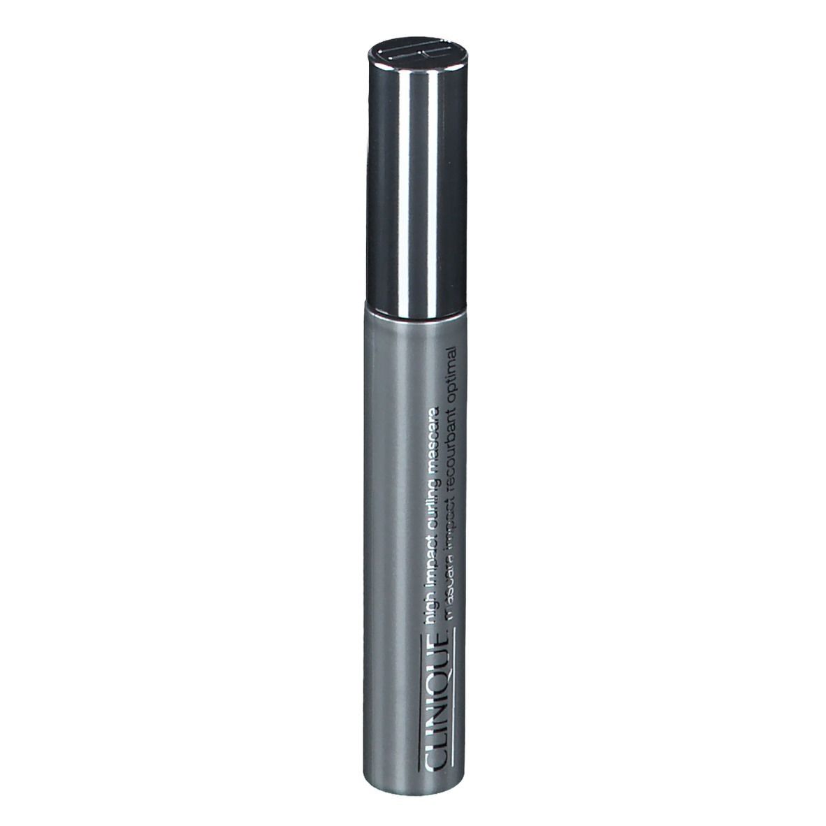 Zylindrische Mascarabürste mit silberfarbenem Deckel. Auf dem Körper steht "CLINIQUE High Impact Curling Mascara".
