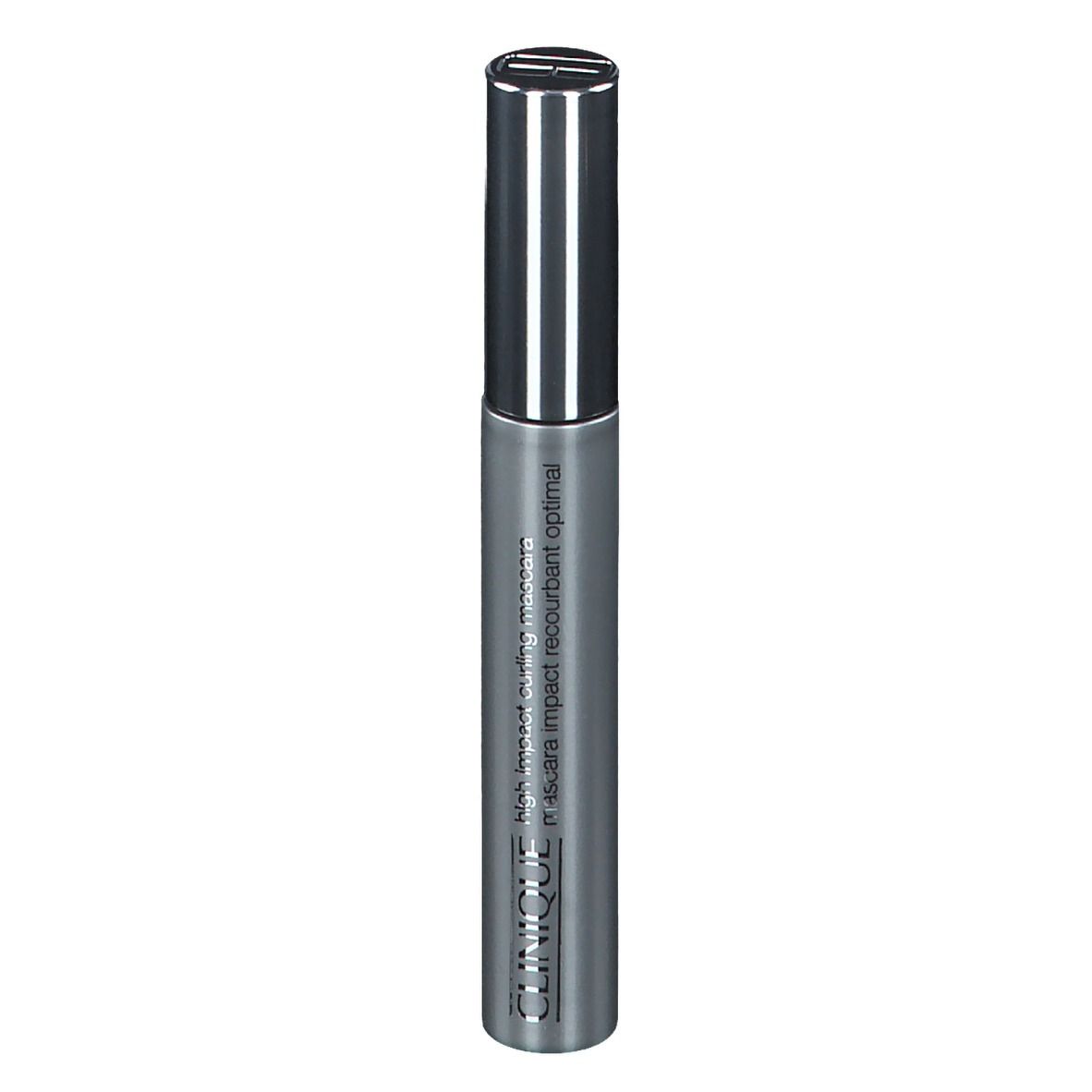 Zylindrische Mascarabürste mit silberfarbenem Deckel. Auf dem Körper steht "CLINIQUE High Impact Curling Mascara".
