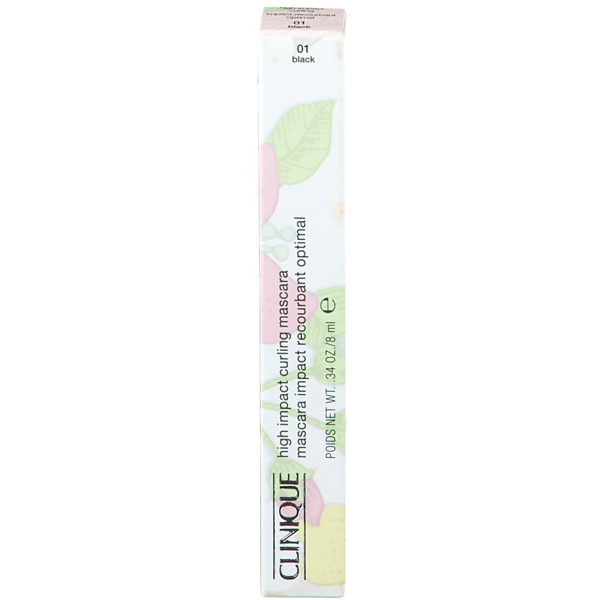 Schmale, hohe Verpackung mit Produktnamen und Marke. Aufdruck mit Produktinformationen und floralem Muster.